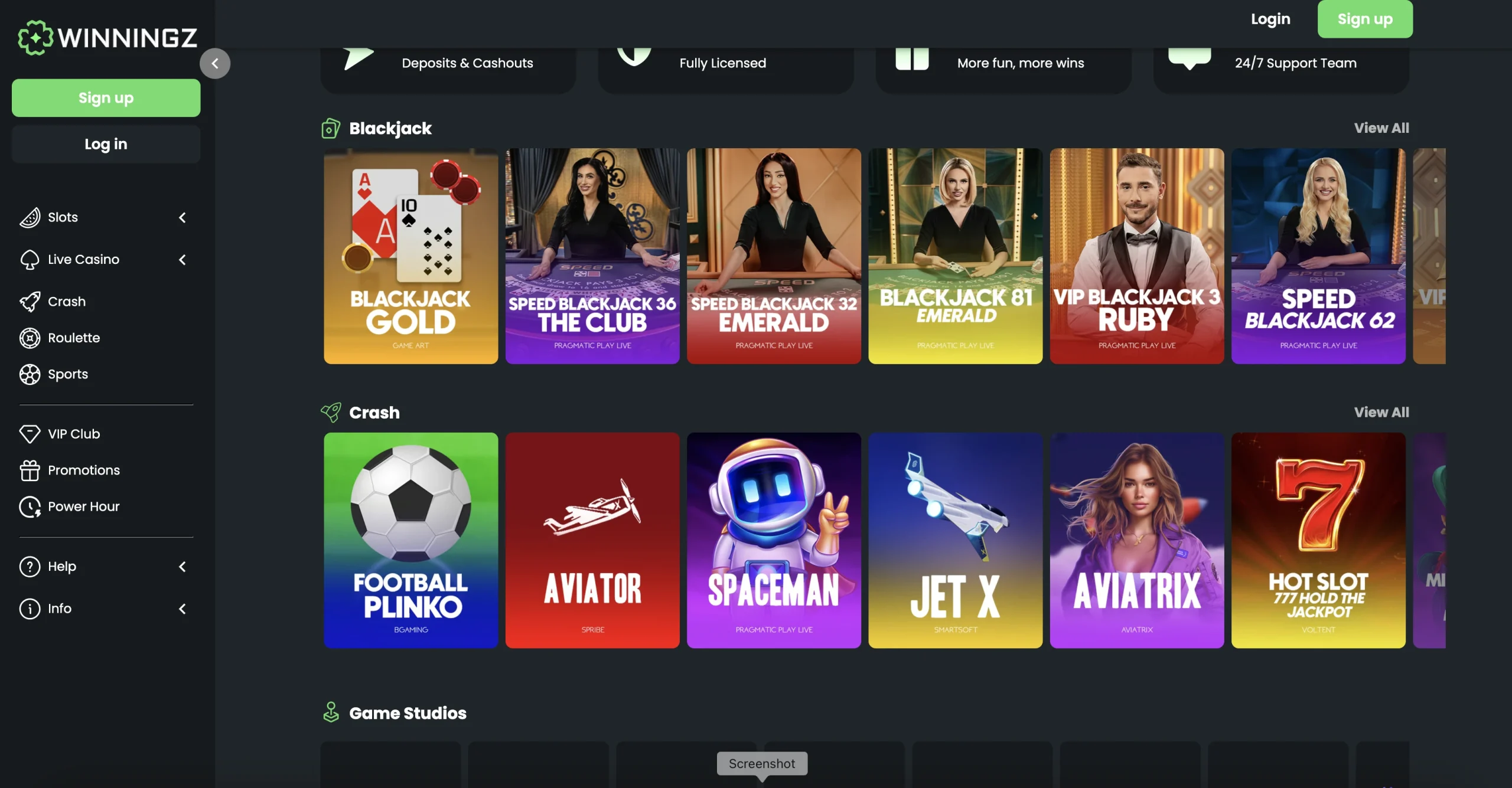 winningz casino game library